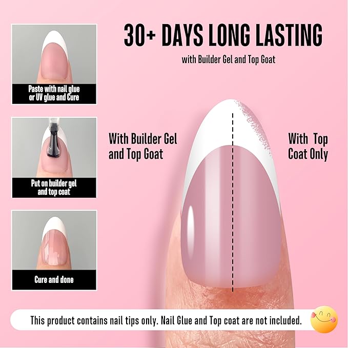 NOVO OVO White French Tip Almond Nail Tips Press on BERRY PINK, Extra Thick Medium Soft Gel Fake Nail Acrylic Extension, Need Builder Gel Top Coat, No Glue Included, for Salon DIY x 15 Sizes 240 pcs