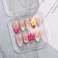 Handmade Press on Nails - Luxury 3D Rose Red Yellow Flower Medium Almond False Nails Salon Quality French Tip Design Handmade Floral Artificial Fingernail Stick on Nail for Women（Size M）