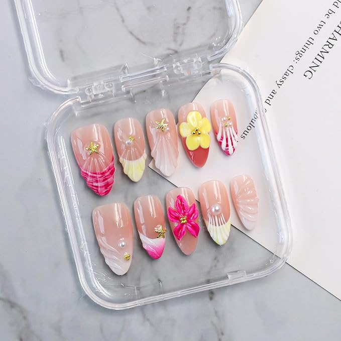 Handmade Press on Nails - Luxury 3D Rose Red Yellow Flower Medium Almond False Nails Salon Quality French Tip Design Handmade Floral Artificial Fingernail Stick on Nail for Women（Size M）