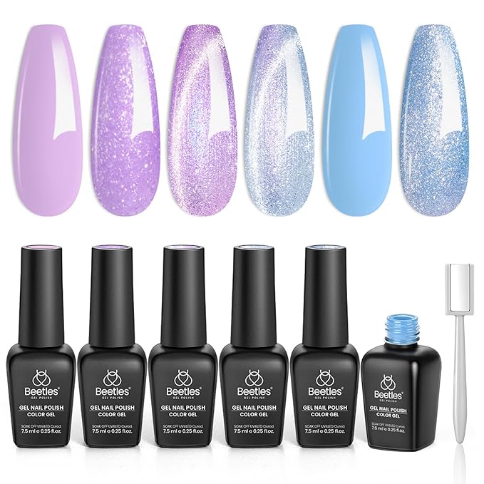 Beetles Spring Gel Polish Set - Dreamscape Wander 6 Colors Baby Purple Blue Glitter Shimmer Cat Eye Gel Polish Soak Off UV LED Nail Gel Home Easter Gifts for Women Manicure DIY Nail Art