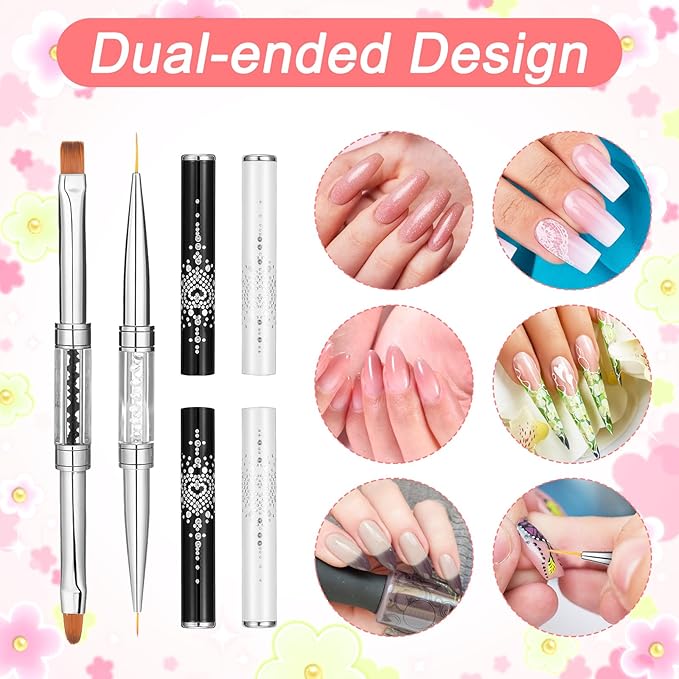 4PCS Double Ended Nail Art Brushes, Hard Gel Brush for Nails, Builder Gel Brush Oval Gels Nails Brushes with Rhinestone Handle for Design Nail