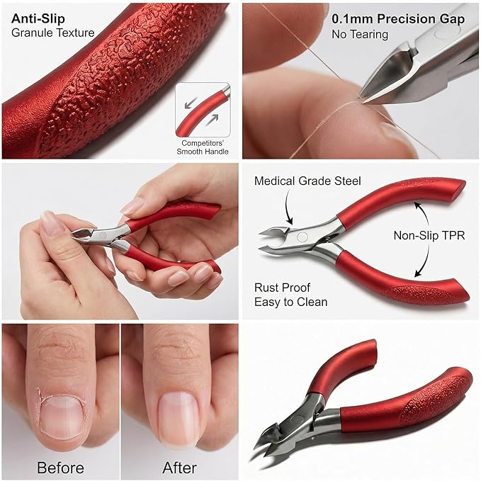 Professional Cuticle Nippers with Anti-Slip Textured Grip - Sharp Stainless Steel Cuticle Trimmer & Remover for Fingernails & Toenails - Ergonomic Dead Skin Scissors & Manicure Tool (Red)