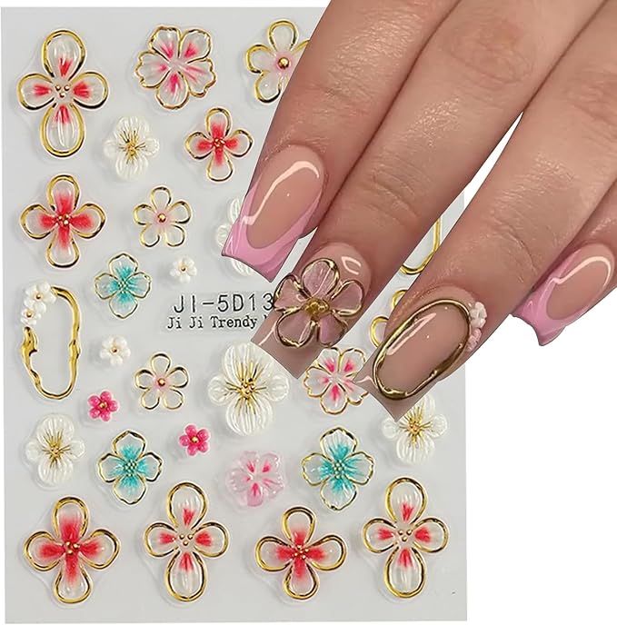 4 Sheets Flower Nail Stickers for Nail Art,5D Embossed Hibiscus Nail Decals Pink White Lily Hibiscus Tropical Floral Summer Spring Flower Nail Art Supplies for Women Girls Nail Decoration
