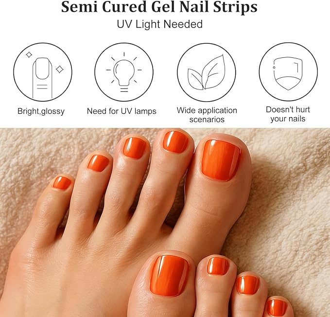 34 Pcs Semi Cured Gel Toe Nail Strips Orange Gel Nail Stickers Full Cover Orange Nails Wraps Self Adhesive Toe Nails Polish Strips Stickers for Women UV/LED Light Required
