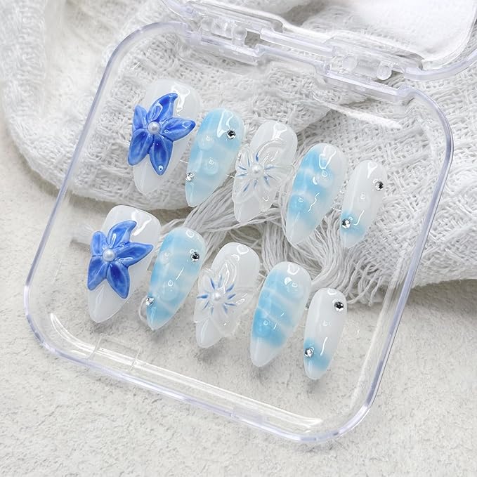 Medium Almond Press on Nails Handmade Nail Thick Fake Nails with Glue,Milky White False Nails with 3D Blue Flower Art Design Rhinestone Nature Acrylic Nails for Wome (Size M)