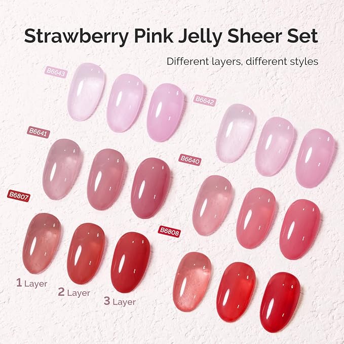 MelodySusie Jelly Gel Nail Polish Set,6 Transparent Colors,Milky or Jelly Texture,Strawberry Pink Colors Soak Off UV LED Light Cure or Salon Manicure and Nail Art DIY at Home 15ML 0.3Fl Oz