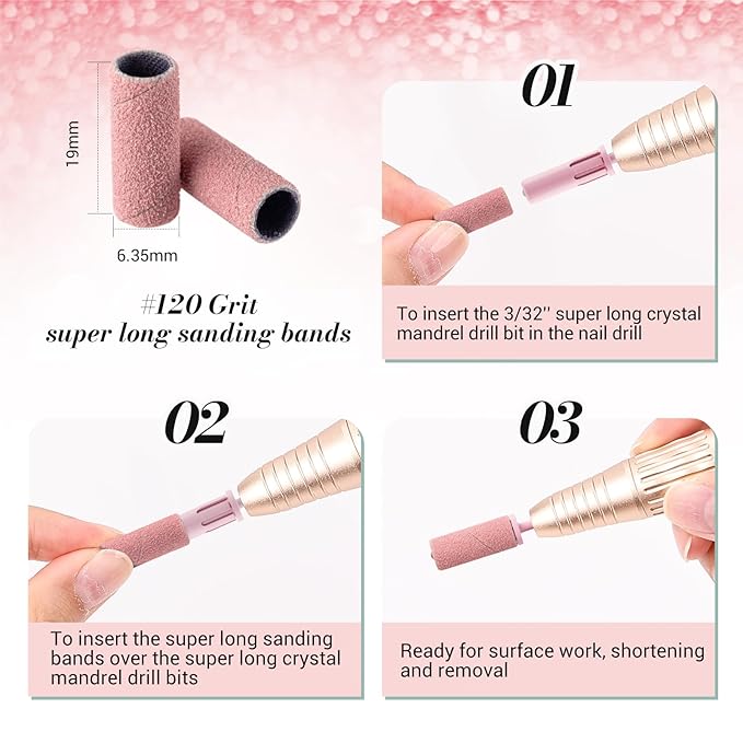 MelodySusie 50 Pcs Nail Drill Bits Super Long Sanding Bands with 6.65mm Crystal Mandrel Bit, 120 Medium Grit Nail File for Acrylic Nails Gel Manicures and Pedicure, Pink