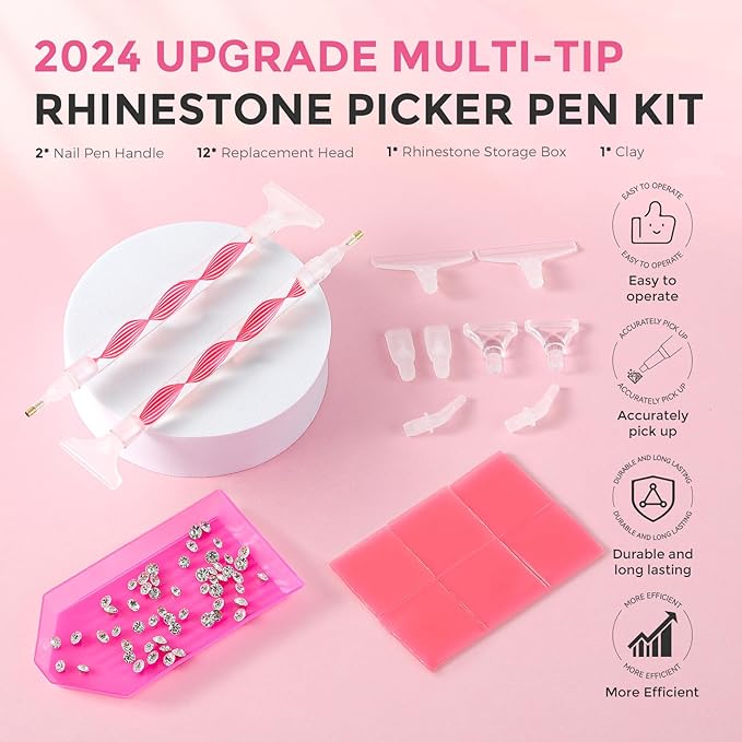 Rhinestone Picker Tool Kit: 2Pcs Rhinestone Picker Handle, Dual-Ended Rhinestones Applicator Bedazzling Tools Pen with 12 Upgraded Plastic Replacement Tips, Clay Nail Art Craft (Red)