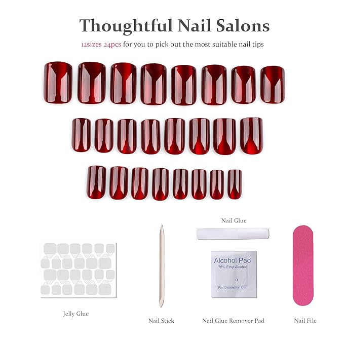Burgundy Press On Nails Square - Cat Eye Fake Gel Nails, Glossy Sparkle Long-Lasting Chip-Free for Date Night or Fall Nails, 24 Pcs in 12 Sizes with Glue, Adhesive Tabs, File, Prep Pad, Manicure Stick