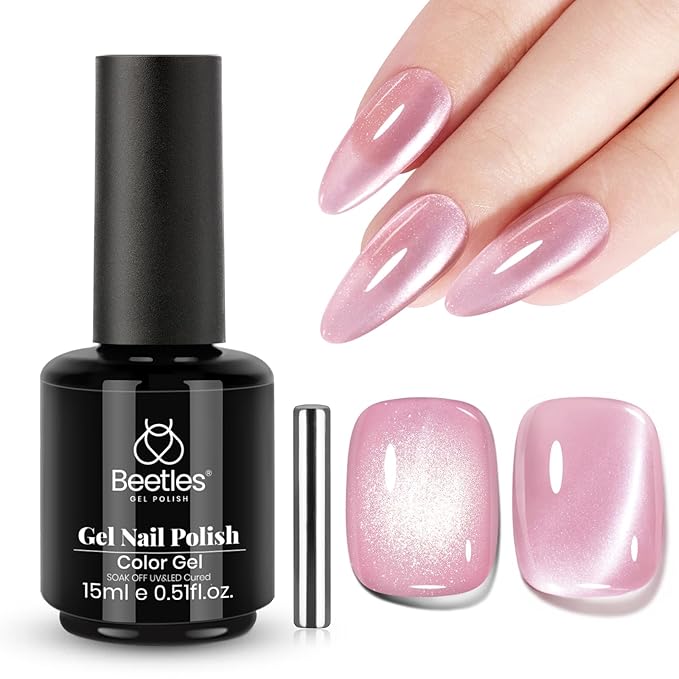 Beetles Pink Cat Eye Gel Nail Polish - 15ML Pink Cat Eye Glitter Gel Polish with Magnet Jelly Translucent Glass Effect Soak Off UV Nail Art DIY Manicure Gifts for Women
