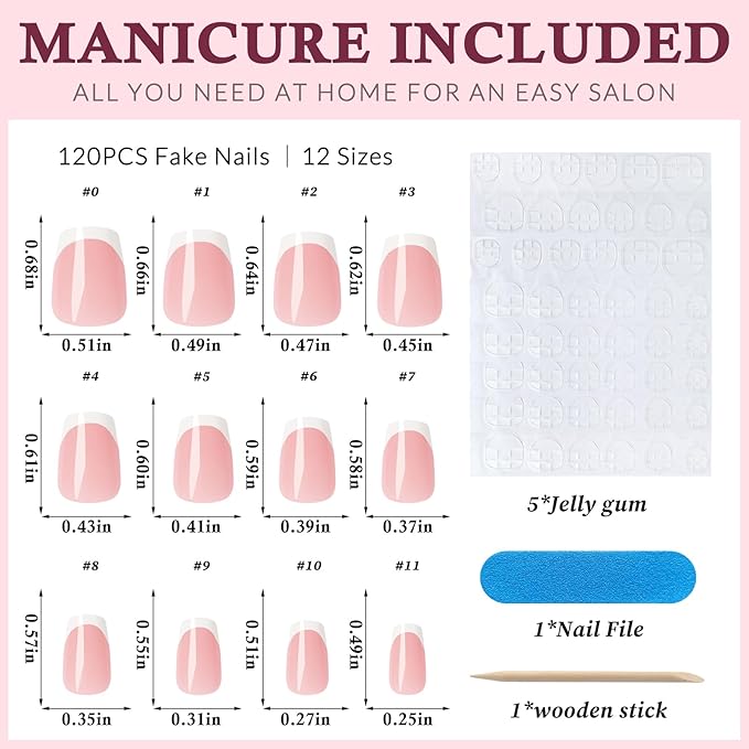 120PC White French Tip Press on Nails Short Fake Nails Press ons with 5*Adhesive Tabs, Pink Coffin Acrylic Nail Press on Nail French Tip Nails False Artificial Fingernails Stick on Nails-G