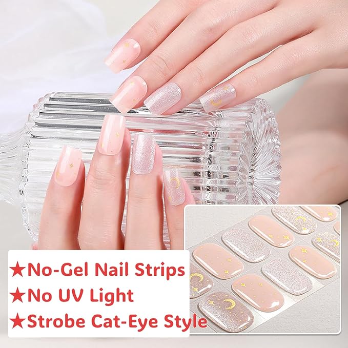 16pcs Gel Nail Strips - Nail Wraps Kit for Women Girls, No UV Light Needed, Natural Looking Manicure Full Cover Fake Nails Short Art Decor(Golden Stars and Moons)