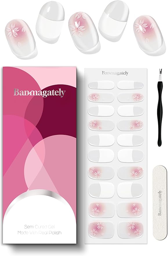 Semi Cured Gel Nail Strips, 20Pcs Long Lasting Salon Quality Wraps, Easy Apply & Remove Gel Nail Stickers with UV Light (Blush French Petals White)
