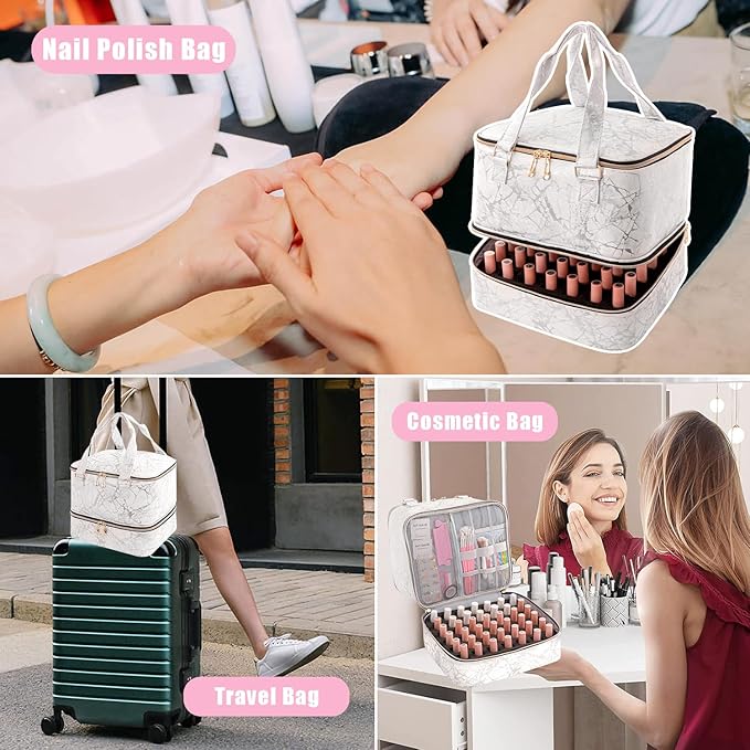 Nail Polish Organizer Bag Double Layers Nail Polish Storage Case Holds 42 Bottles & 1 Nail Lamp Gel Carrying Case Bag Manicure Supplies Organizers (Marbling)