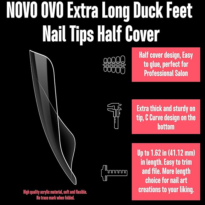 NOVO OVO XXL Long Duck Feet Nail Tips Half Cover for Acrylic, Clear Soft Gel No C Curve XXXL Extra Super Long Flare Y2K Wide French False Nail Extension x 11 Sizes in Box 308 pcs