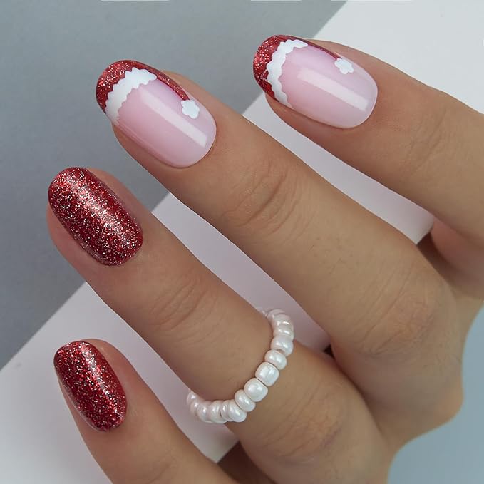 Curvlife Press On Nails – 30PCS Full Cover False Natural Fit Soft Gel Fake Oval Nails Tips, Easy to Apply at Home Glue On False Nails Kit (Santa Hat Nails, Medium)