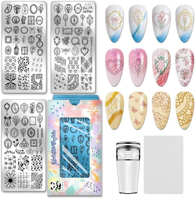 PH PandaHall 3pcs Tulip Nail Stamping Plate Vintage Mirror Nail Art Templates Picture Frame Manicures Image Plates Flower Nails Art Stencils Nail Stamper for Women Print Manicures Salon Design