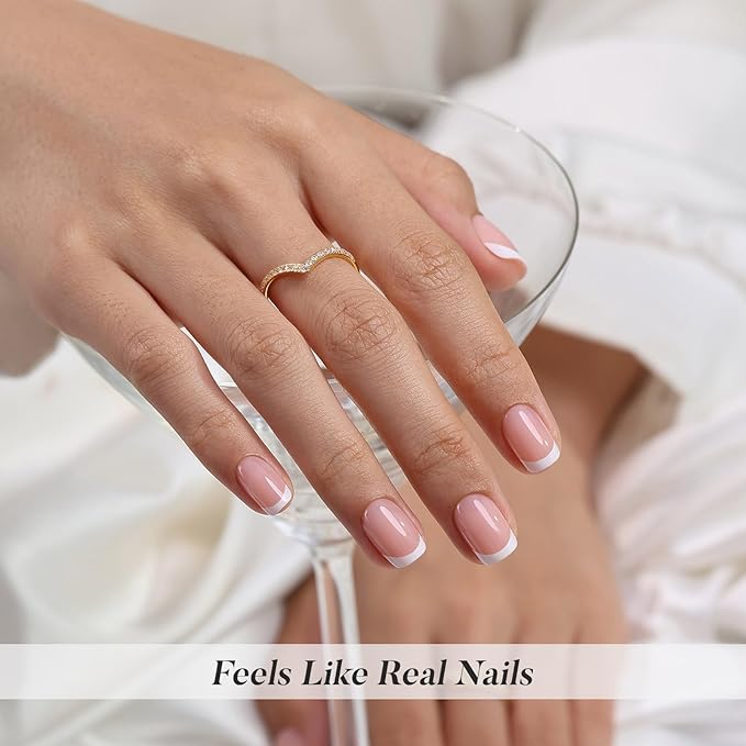 White French Tip Press on Nails - SHANGMENG Soft Gel Square Nails Short for Women Gift, Fit Perfectly & Natural Stick on Nails with Glue in 16 Sizes - 32 Reusable Fake Nails, White French