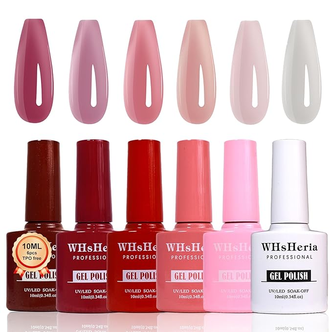 TPO Free Jelly Translucent Gel Nail Polish Set，6pcs 10ml Red Pink Purple Milk White Long-lasting Soak off UV Light Suit Give It to Women as a Gift for Daily Life at Home (119-C)