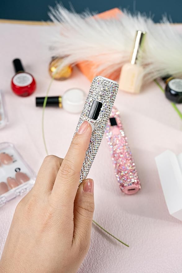 3W Portable LED Nail Lamp with Sparkly Rhinestones, Handheld UV Light, Wireless Rechargeable USB Nail Dryer with Silicone Stamper, LCD Display Screen for Fast Curing Home DIY Manicure Pink