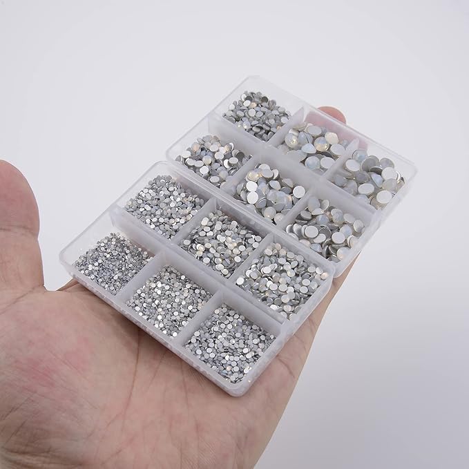NCB 8000pcs Non Hotfix Rhinestones 10 Sizes Flatback Crystal Glass Rhinestones with Tweezers and Picking Pen for Nail Art Clothes Bags Phone Decorations Crafts DIY (026 White Opal Mix SS3-SS30)