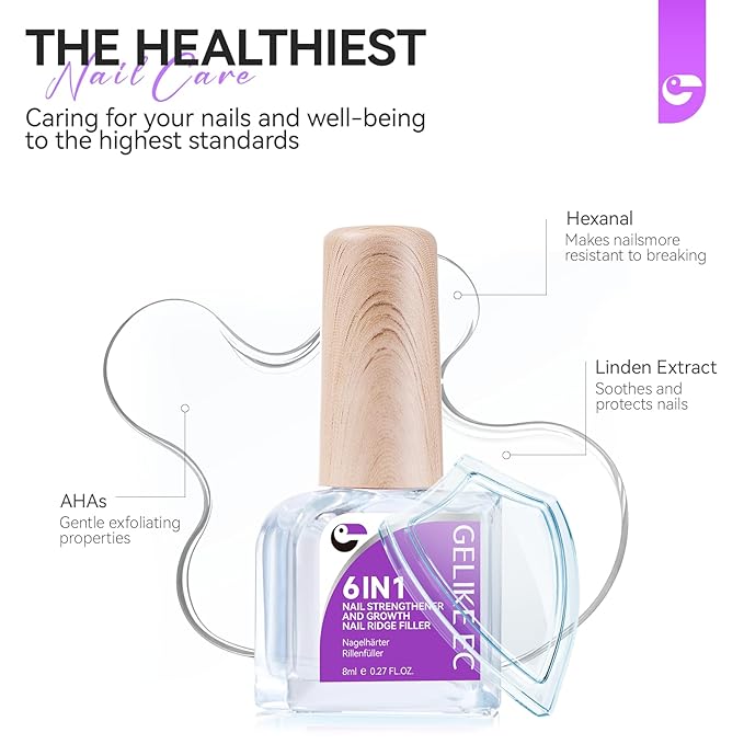 Women Nail Strengthener Protein for Daily: Clear Gelike EC 6 in 1 Nail Treatment for Weak and Damaged Nails Everyday - Nail Polish Hardener for Home Salon Travel Spa Gift