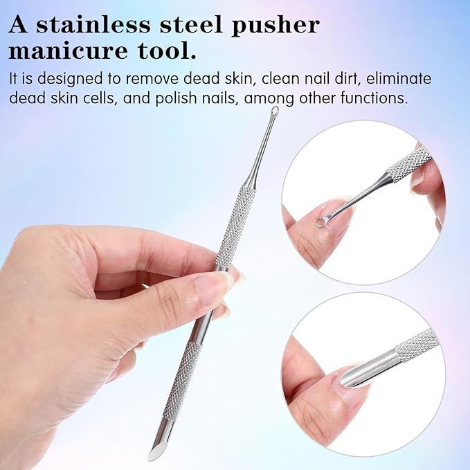 Dual Ended Cuticle Pusher, Stainless Steel Cuticle Remover Tool Pre-treatment Cuticle Scraper with 5 Pcs Sandpaper Sheets for Home Salon Manicure Pedicure Nail Art Dead Skin Removing