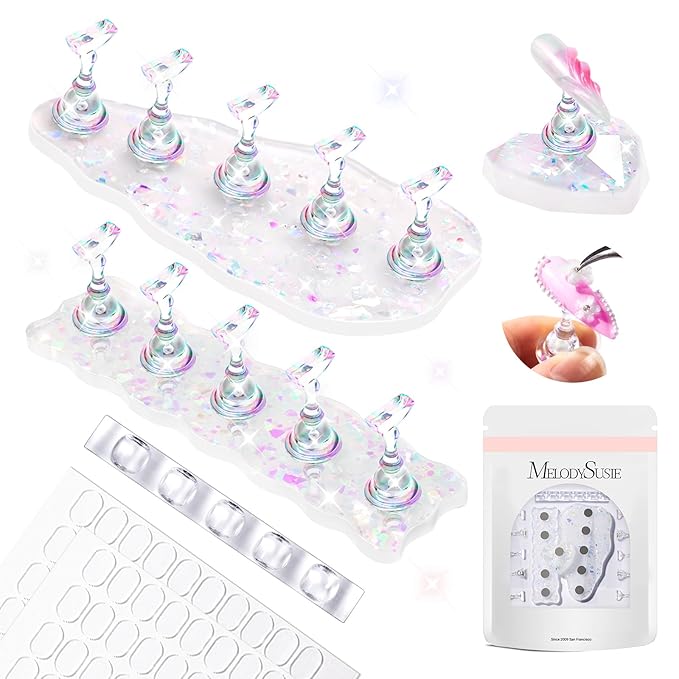 MelodySusie Nail Stand for Press Ons, 3 PCS Shiny Magnetic Bases Sets for Practice Painting Display with Brush Holder and 100 Pcs Reusable Double-Sided Tape for Home DIY Salon Supplies