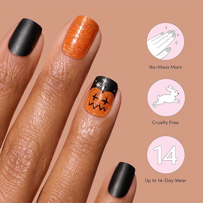Dashing Diva Gloss Nail Strips - Hey Pumpkin - UV Free, Chip Resistant, Long Lasting Gel Nail Stickers - 3-Piece Manicure Set - Contains 32 Wraps, 1 Prep Pad, 1 File