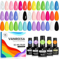 VANREESA 24 Pcs Gel Nail Polish Set -Trendy Colors Gel Polish with Base Coat & 4 Effects of Top Coat White Nude Pink Orange Yellow Green Blue Purple Black Gel Polish Set Nail Kit Gifts for Women Girls