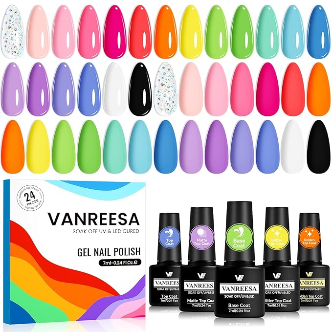 VANREESA 24 Pcs Gel Nail Polish Set -Trendy Colors Gel Polish with Base Coat & 4 Effects of Top Coat White Nude Pink Orange Yellow Green Blue Purple Black Gel Polish Set Nail Kit Gifts for Women Girls