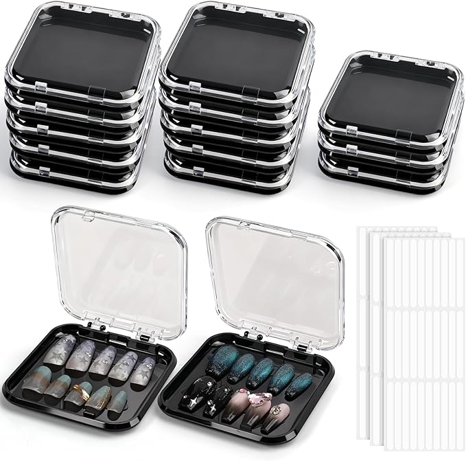 15 Pcs Press On Nail Packaging Box Press on Nail Storage Box for Press Ons with 90 Pcs Adhesive Double Sided Tape for Fake Nail Storage Case Nail Display Nail Salon Supplies (Black)
