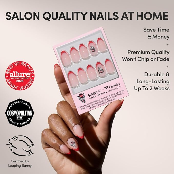Glamnetic x Fanatics Press On Nails - NC State Wolfpack | Short Almond Fake Nails, Collegiate Wolfpack Red French Tips, College Nails, Salon-Quality | 15 Sizes - 30 Nail Kit with Glue