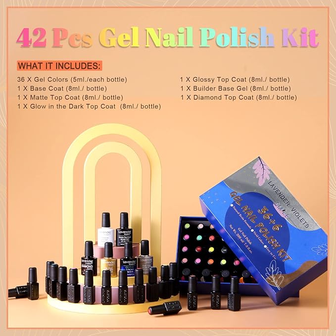 Lavender Violets 42 Pcs Gel Nail Polish Set, 36 Colors with 6 Bottles of Base Top Coat, Glossy Matte Diamond Shine Glow in the Dark Top Coat for Nail Art C950