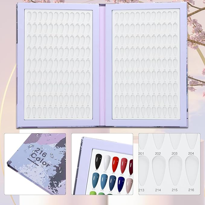 216 Nail Colors Book,Nail Color Display Book with 240 Nail Tips & 1-300 Number Labels,Professional Nail Color Swatches Book for Nail Polish Nails Art Design(Purple)
