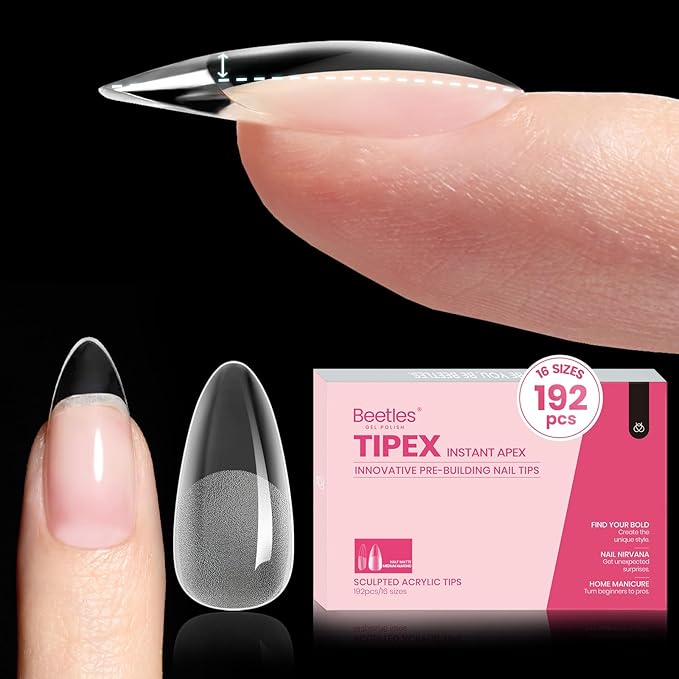 Beetles Tipex Instant Apex Nail Tips Almond Medium 16 Sizes 192 Pcs Pre-Etched Pre-Building Strong Thick Acrylic Tips