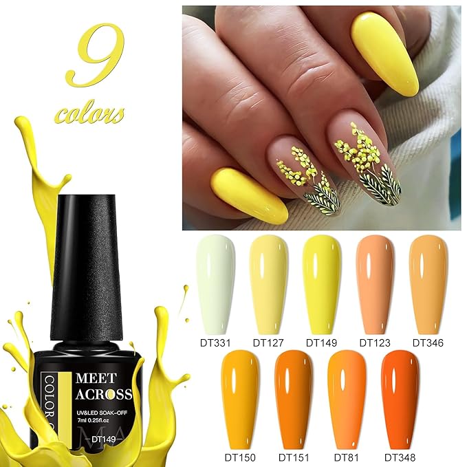 MEET ACROSS 12pcs Gel Nail Polish Set,Soak Off UV LED Lamp Gel Nail Polish Kit,Fashion Shimmer Nail Art Design Gifts for Women Manicure Salon (Yellow)