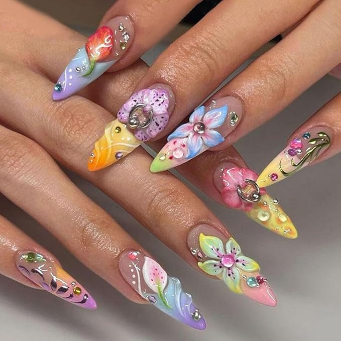 Long Press on Nails Almond Fake Nails Flowers Colorful Artificial Nail with Rhinestone Designs Stick on Nail for Women 24pcs