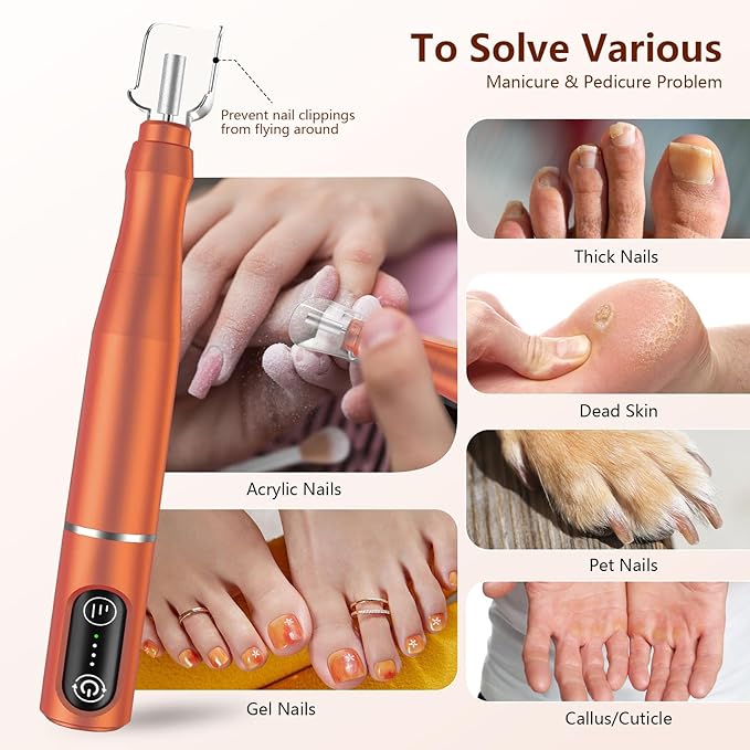 Cordless Nail Drill Electric Rechargeable File Kit, Professional Efile Acrylic Gel Nail Polish Remover Pedicure Manicure Machine Portable Set with 11 Bits 56 Sanding Bands (Orange)
