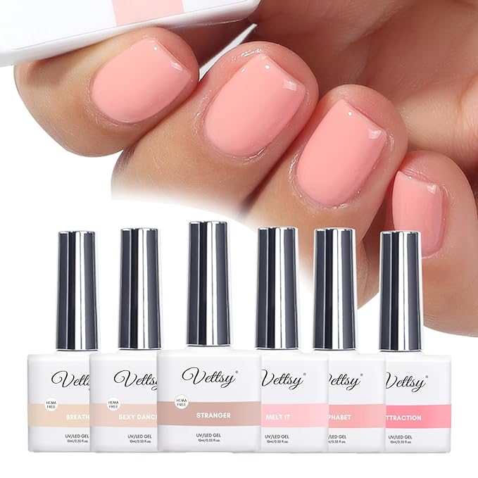 vettsy HEMA-Free Nude & Pink Gel Nail Polish Kit - 6 Elegant Long-Lasting Soak-Off UV/LED Gel Polishes - Vegan & Cruelty-Free for Healthy, Chip-Resistant Nails