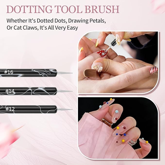 6pcs French Tip Tool Brush, 2 Way Clean up Brush for Gel Polish with Dotting Tool Franch Nail Art Brushes Set Liner Fine Cuticle Beginner 7mm/9mm/11mm, 12#, 14#, 16#