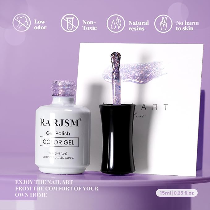 RARJSM Light Purple Glitter Gel Nail Polish Blue Green Big Rainbow Flakes Finish Shimmer Gelpolish 15ml Soak Off Sheer Jelly Tone Color Home Salon French Manicure Varnish Curing Requires