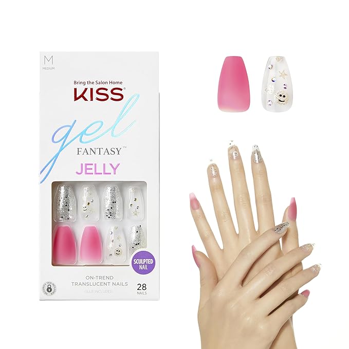 KISS Gel Fantasy Press On Nails, Nail glue included, 'Fun & Jelly', Pink, Medium Size, Coffin Shape, Includes 28 Nails, 2g glue, 1 Manicure Stick, 1 Mini File