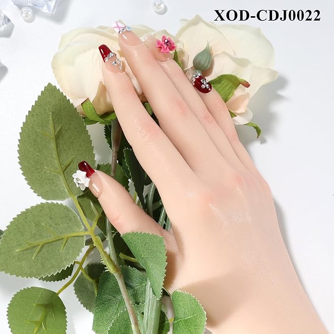 Fake Nails Set Red Medium Square Bling Glossy 3D Bow Heart Rhinestone False Nail Tips, Press On Nails, Artificial Art Nails Finger Manicure for Women and Girls(CDJ0022-S)