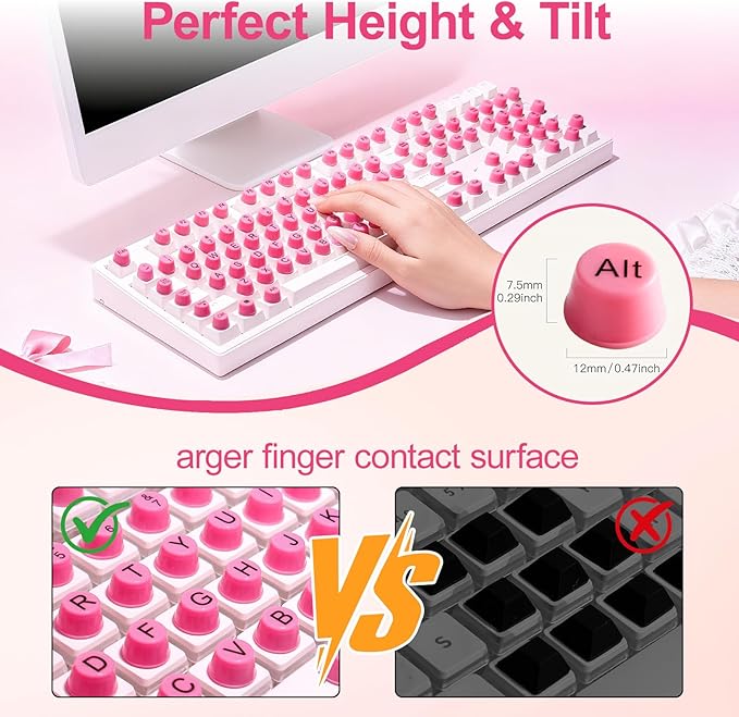 128Pcs Raised Keyboard Stickers for Long Nails with Letters, Soft Silicone Keyboard Bubbles for Women, Nail Art Typing Keycaps for Desktops (Pink, 128pcs)