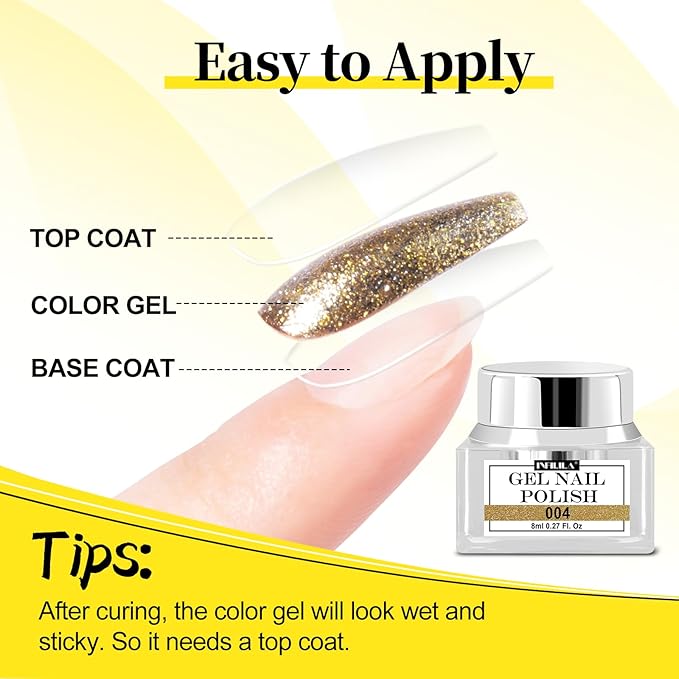 NXJ INFILILA Gold Glitter Gel Nail Polish, Reflective Shimmer Gold Gel Liner for Nail Art, Holographic Sparkle Long-lasting Color Soak Off UV Lamp Cured Gels for Art Manicure Salon DIY at Home B04