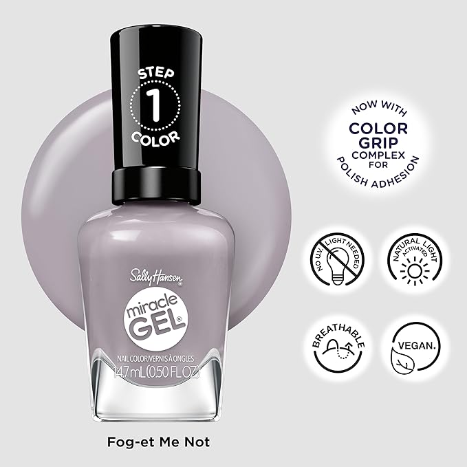 Sally Hansen Miracle Gel Supercharged Pinks Nail Polish | Salon Quality Gel-Like Formula, Two-Step System, No UV Light Needed, Long Lasting |800 Fog-et Me Not| Soft Stormy Gray Creme Nail Color