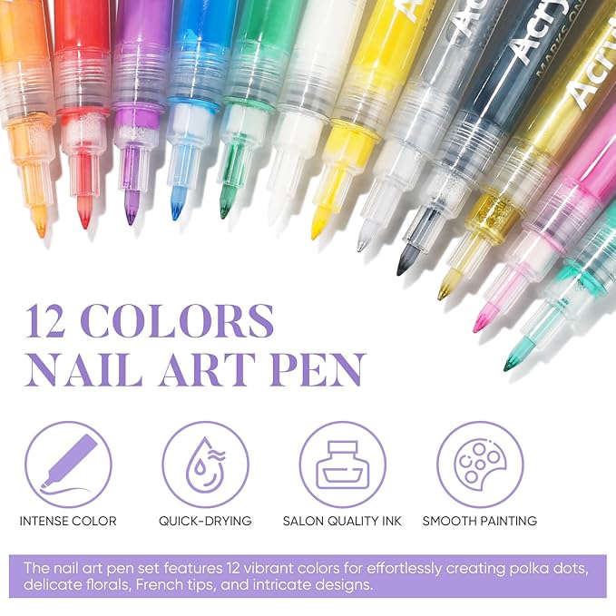 AIMEILI 12 Colors Nail Art Pens Set, Fine Tip Acrylic Paint Pens for Salon & Home DIY Nail Design, Dotting Drawing Liner Brush for Manicure, Nail Polish Art Decoration Kit 1