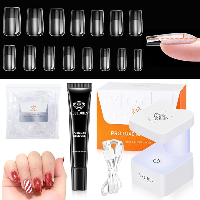 modelones X Nail Gel Kit Square, 15Sizes False Nail Tips Instant Apex Solid Glue & Mini LED Light, Medium Square Pre-Building Thick Acrylic Press on Tips U/V Lamp Extension Kit Women Gift 240Pcs