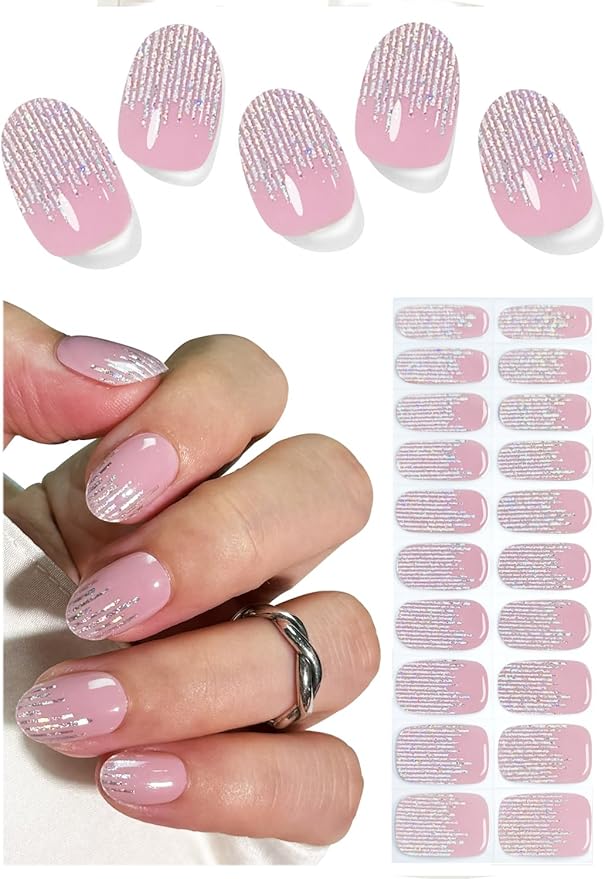 Semi Cured Gel Nail Strips, French Laser 20pcs Adhesive UV Sticker, Wraps for Home Manicure DIY